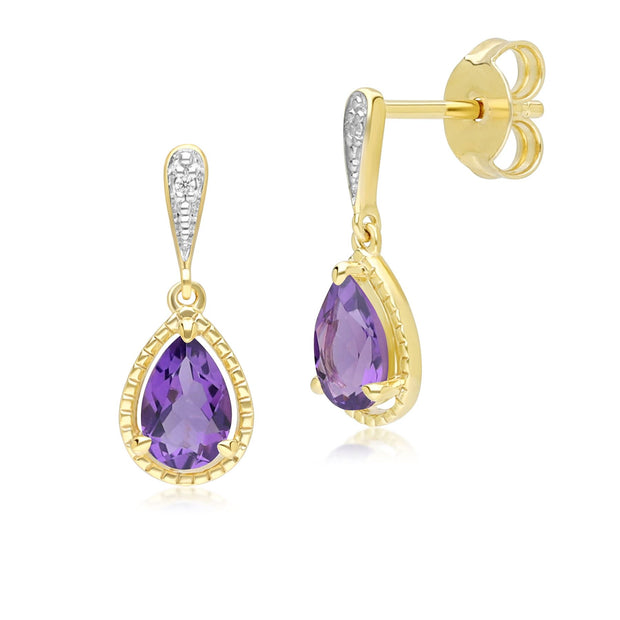 Boucles d'oreilles pendantes classiques en or jaune 9 carats avec améthyste et diamants