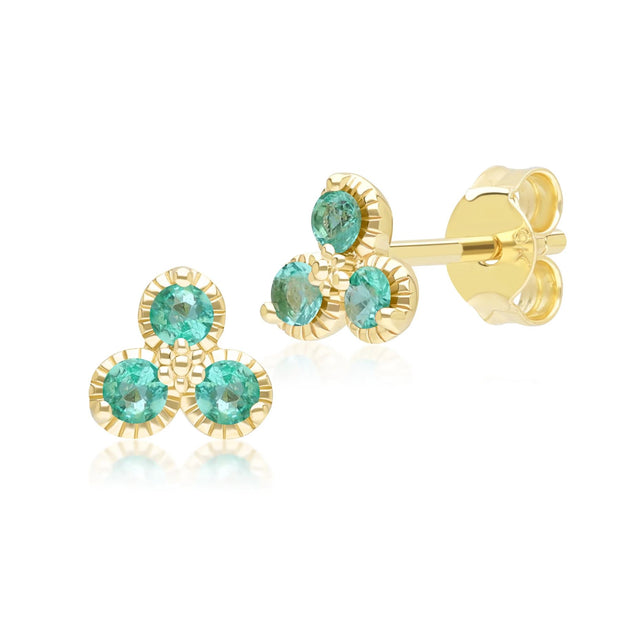 Boucles d'Oreilles Clou Floral avec Trois Emeraudes en Or Jaune 9 Carats