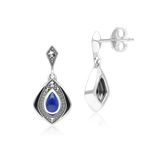 Boucles d'Oreilles Pendantes Style Art Déco Losange en Argent Sterling avec Lapis Lazuli et Marcassite