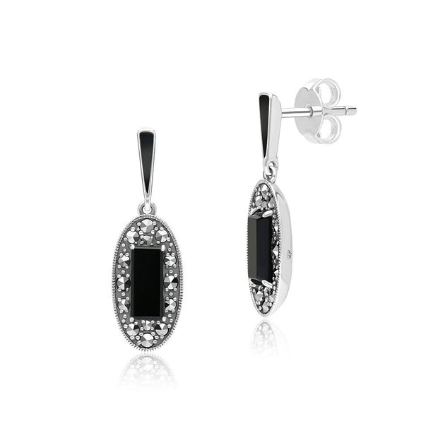 Boucles d'Oreilles Pendantes Style Art Déco Oval en Argent Sterling avec Onyx, Marcassite et Email Noir