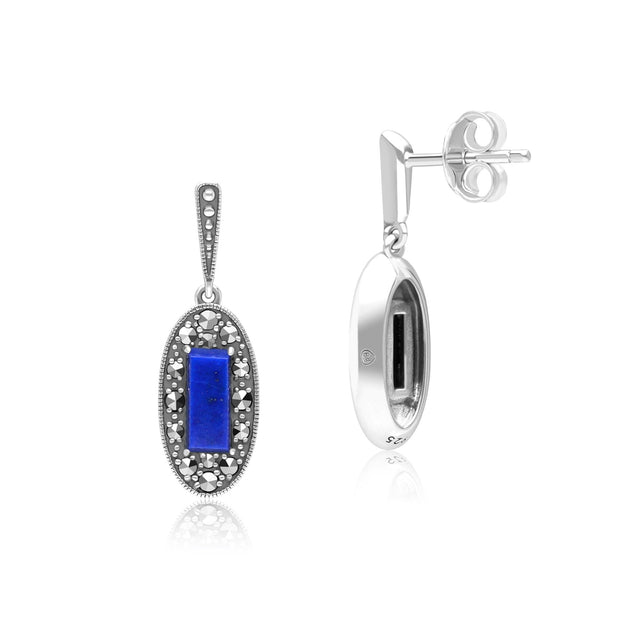 Boucles d'Oreilles Pendantes Style Art Déco Oval en Argent Sterling avec Lapis Lazuli et Marcassite