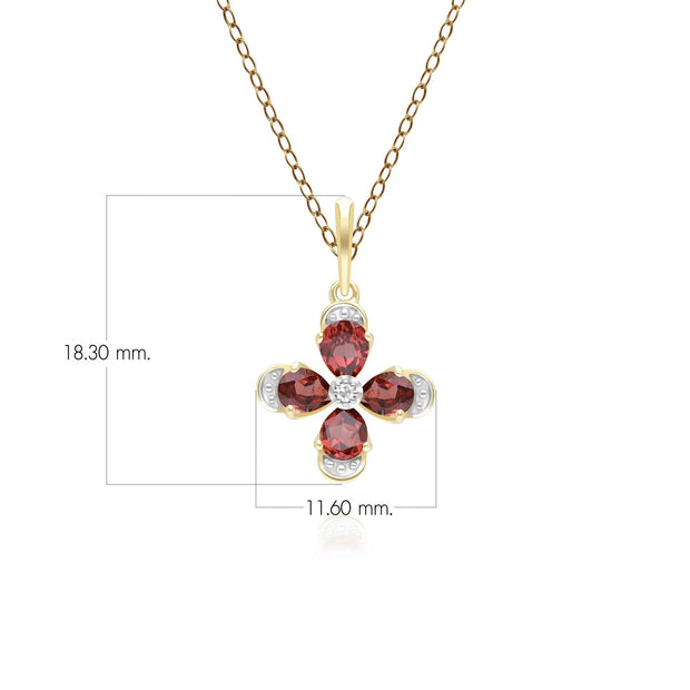 Pendentif Floral avec Grenat & Diamant en Or Jaune 9ct