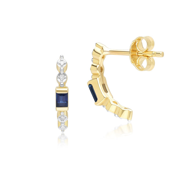 Boucles d'Oreilles Baguette Demi-Eternité Créoles Classiques en Or Jaune 9ct avec Saphir et Diamants