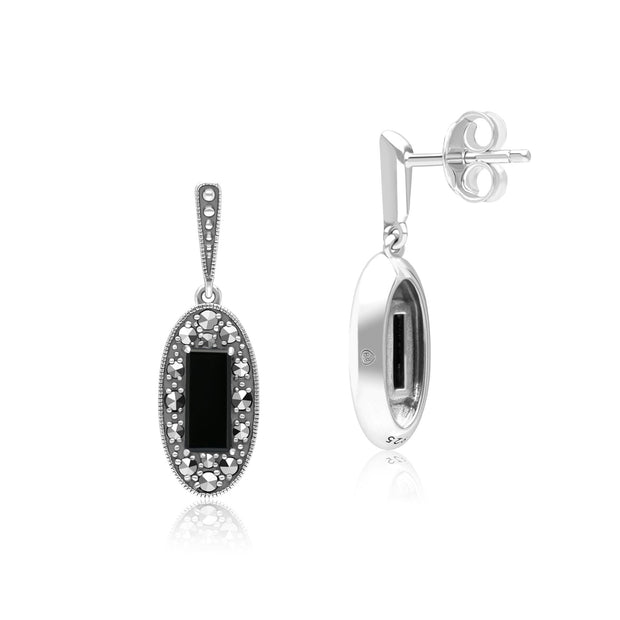 Boucles d'Oreilles Pendantes Style Art Déco Oval en Argent Sterling avec Onyx et Marcassite