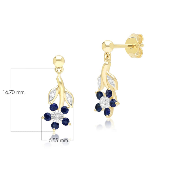 Boucles d'Oreilles Pendantes Floral avec Saphirs & Diamant en Or Jaune 9ct