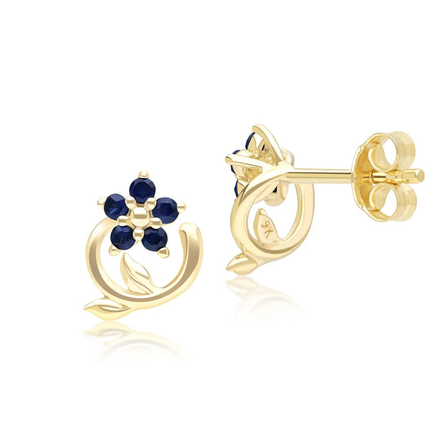 Boucles d'Oreilles Clou Floral Vigne avec Saphirs en Or Jaune 9ct