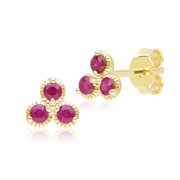 Boucles d'Oreilles Clou Floral avec Trois Rubis en Or jaune 9 carats