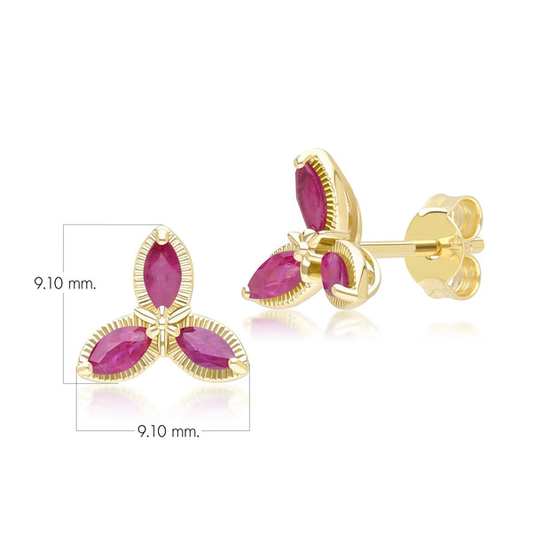 Boucles d'Oreilles Clou Floral avec Rubis Marquise en Or Jaune 9ct