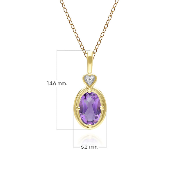 Collier pendentif classique en forme de cœur avec améthyste ovale et diamant en or jaune 9 carats