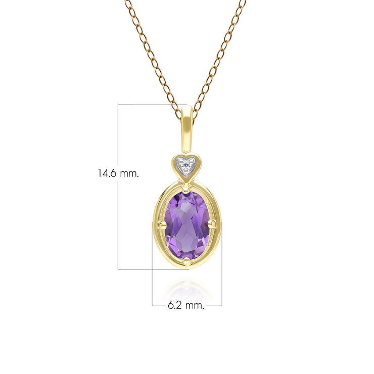 Collier pendentif classique en forme de cœur avec améthyste ovale et diamant en or jaune 9 carats