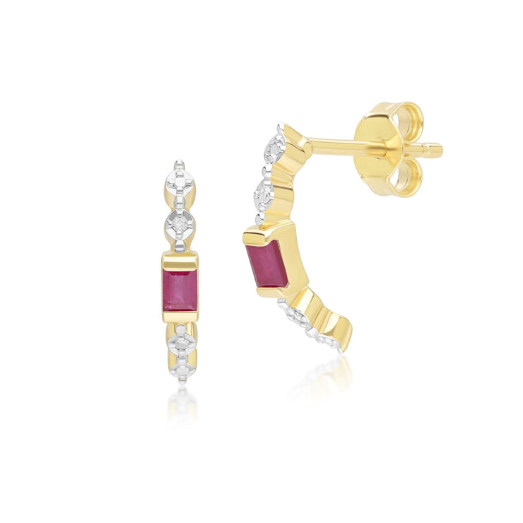 Boucles d'Oreilles Baguette Demi-Eternité Créoles Classiques en Or Jaune 9ct avec Rubis et Diamants