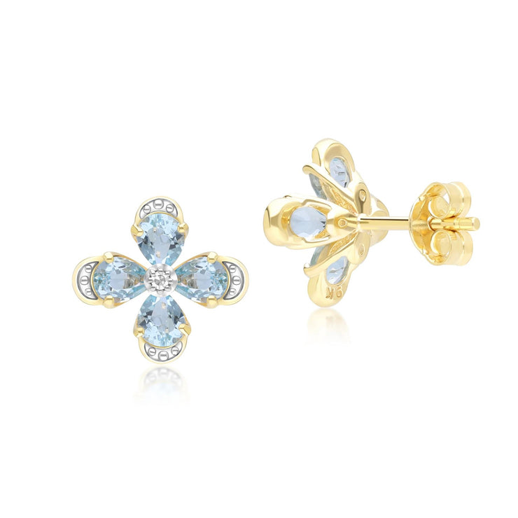 Boucles d'Oreilles Clou Floral avec Topaze & Diamant en Or Jaune 9ct