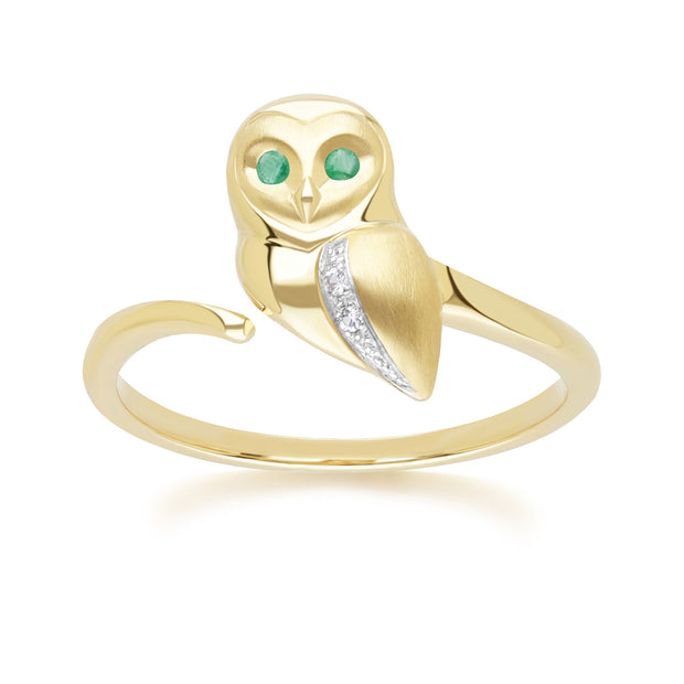 Bague Gardenia Chouette en Or Jaune 9ct avec Emeraude et Saphir Blanc