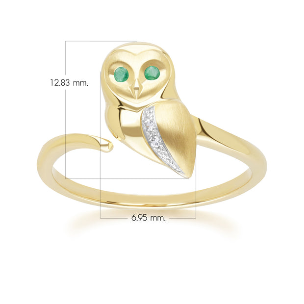 Bague Gardenia Chouette en Or Jaune 9ct avec Emeraude et Saphir Blanc