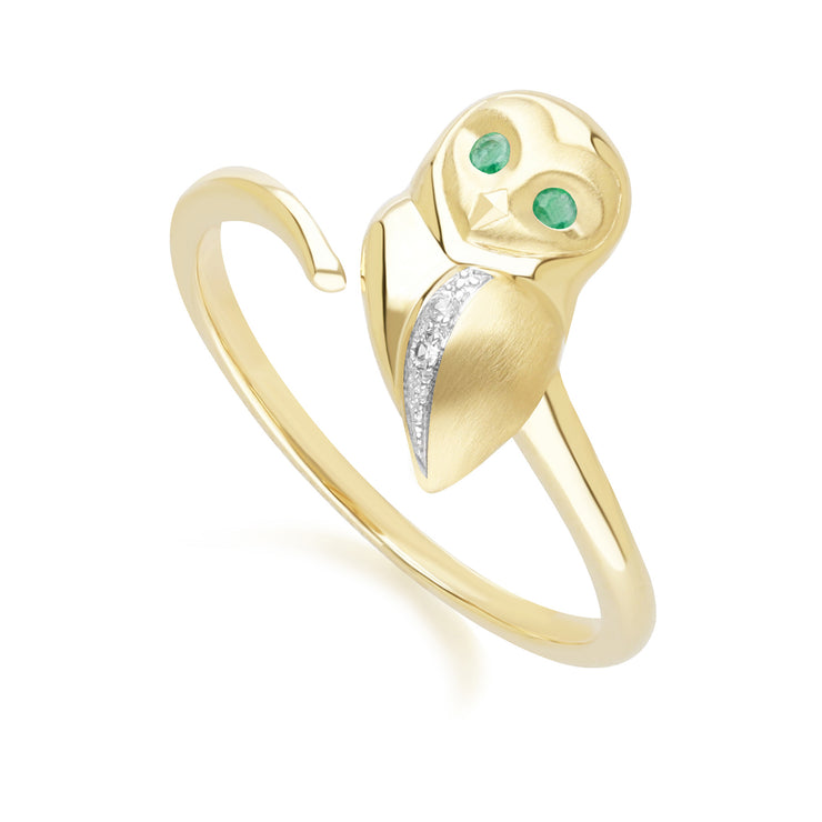 Bague Gardenia Chouette en Or Jaune 9ct avec Emeraude et Saphir Blanc