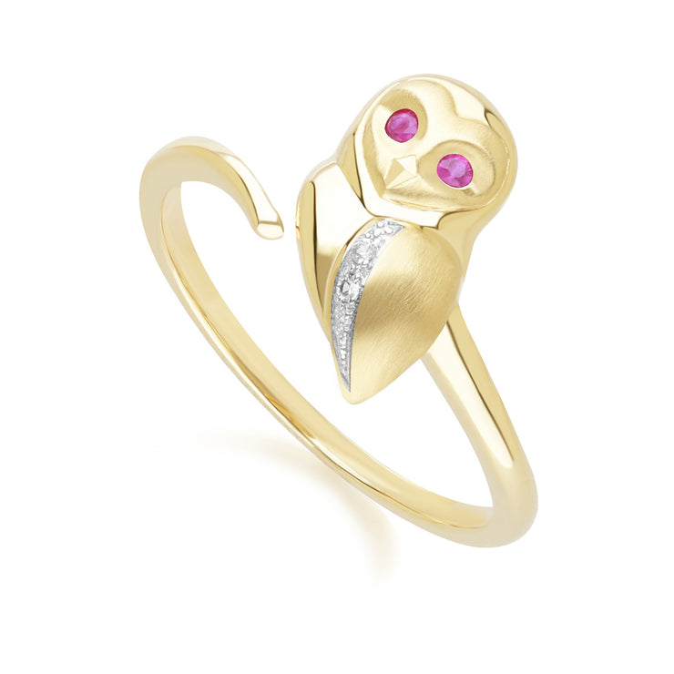 Bague Gardenia Chouette en Or Jaune 9ct avec Rubis et Saphir Blanc