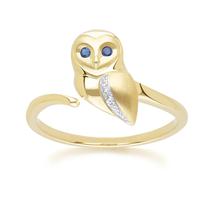 Bague Gardenia Chouette en Or Jaune 9ct avec Saphir Bleu et Blanc