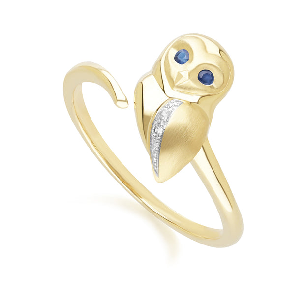 Bague Gardenia Chouette en Or Jaune 9ct avec Saphir Bleu et Blanc