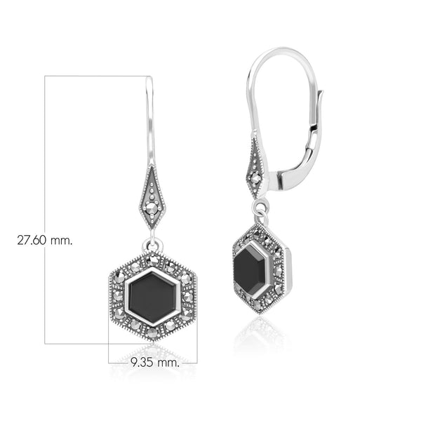 Boucles d'Oreilles Pendantes Style Art Déco en Argent Sterling 925 avec Onyx Hexagone et Marcassite