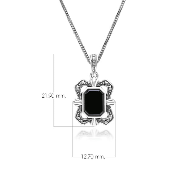 Pendentif Baguette Style Art Déco en Argent 925 avec Onyx et Marcassite