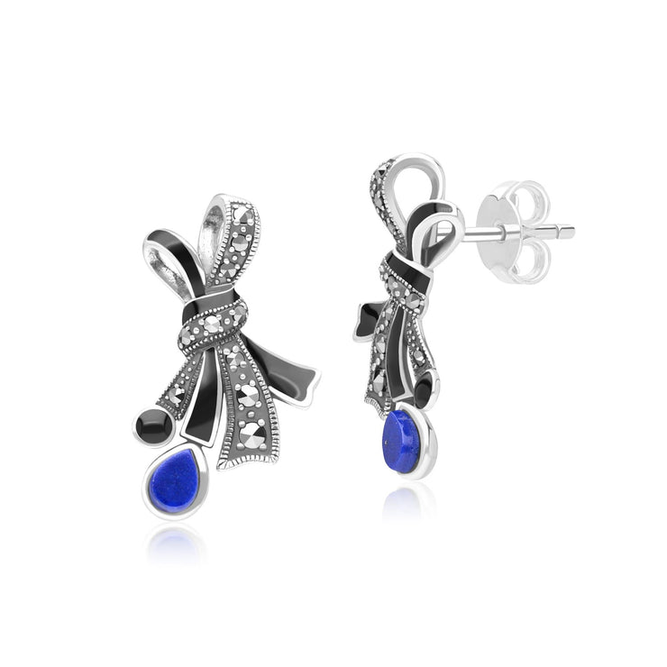 Boucles d'Oreilles Clou Nœud Style Art Nouveau en Argent Sterling avec Marcasite, Lapis Lazuli et Email Noir