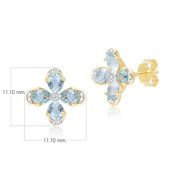 Boucles d'Oreilles Clou Floral avec Topaze & Diamant en Or Jaune 9ct