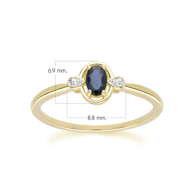 Bague Classique en Or Jaune 9ct avec Saphir Oval et Diamants Ronds
