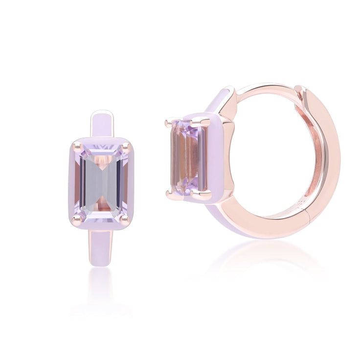 Boucles d'Oreilles Créoles Siberian Waltz En Émail Violet Et Améthyste Octogonale En Or Vermeil Rose