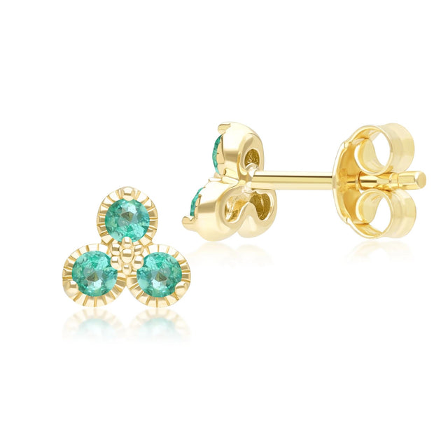 Boucles d'Oreilles Clou Floral avec Trois Emeraudes en Or Jaune 9 Carats