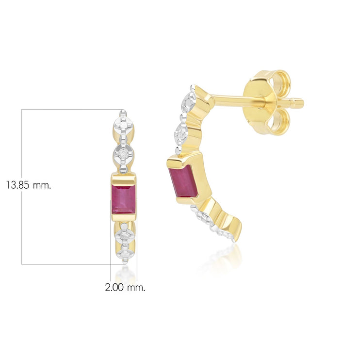 Boucles d'Oreilles Baguette Demi-Eternité Créoles Classiques en Or Jaune 9ct avec Rubis et Diamants