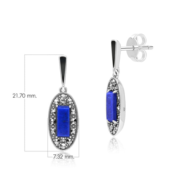 Boucles d'Oreilles Pendantes Style Art Déco Oval en Argent Sterling avec Lapis Lazuli, Marcassite et Email Noir