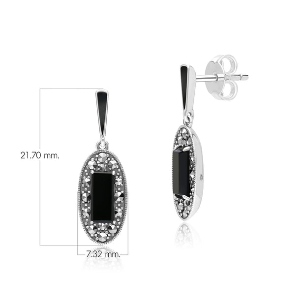 Boucles d'Oreilles Pendantes Style Art Déco Oval en Argent Sterling avec Onyx, Marcassite et Email Noir