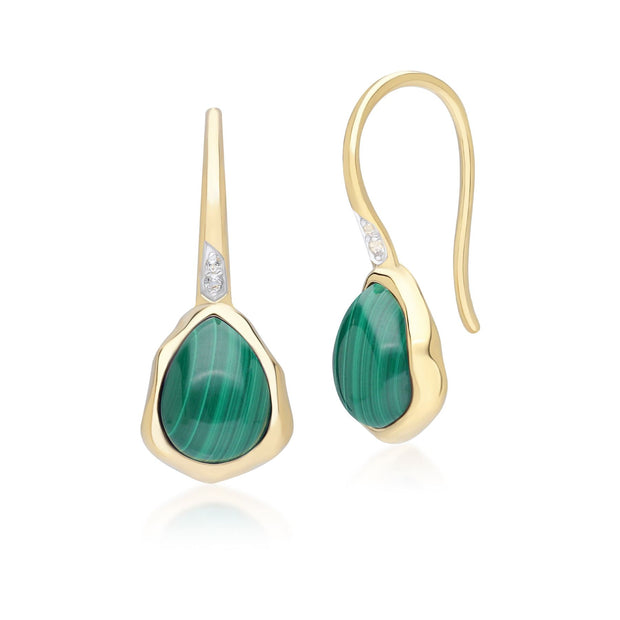 Boucles d'Oreilles Pendantes Irrégulier en Argent Sterling Doré à l'Or Fin avec Malachite et Topaze