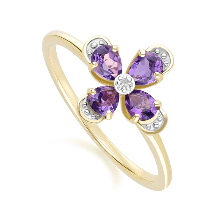 Bague Floral avec Améthyste & Diamant en Or Jaune 9ct