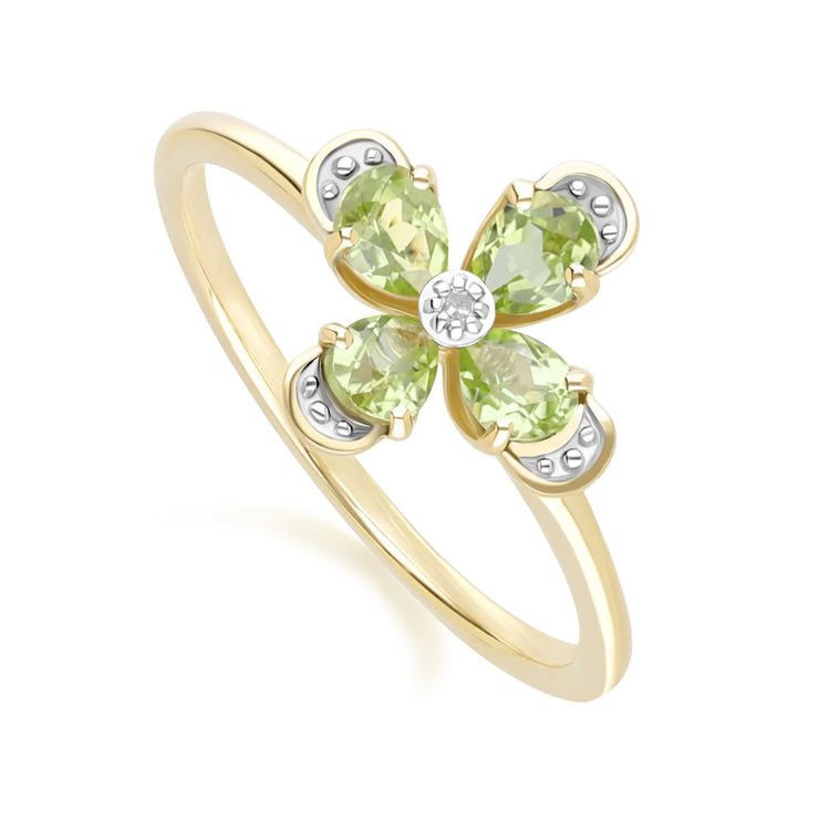 Bague Floral avec Péridot & Diamant en Or Jaune 9ct