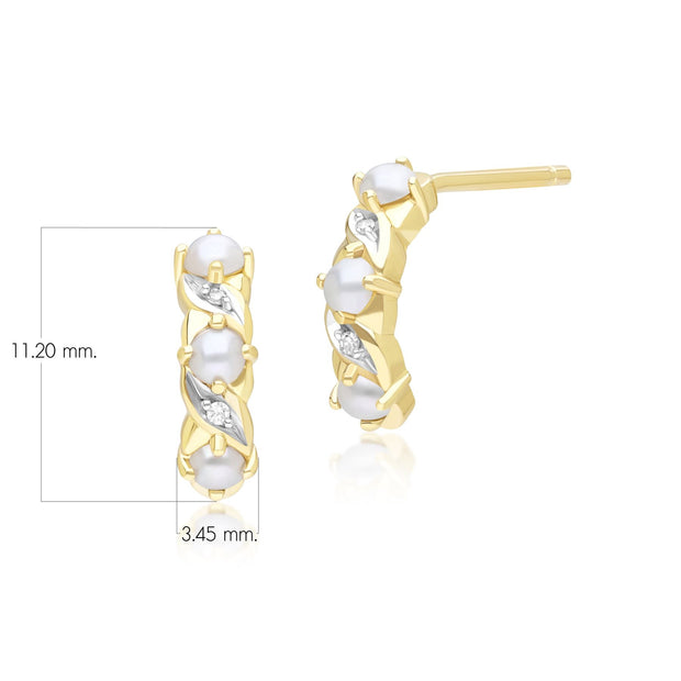 Boucles d'Oreilles Eternité Demi-Créoles Classique Style Art Nouveau en Or Jaune 9ct avec Perle et Diamant