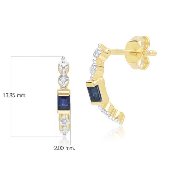 Boucles d'Oreilles Baguette Demi-Eternité Créoles Classiques en Or Jaune 9ct avec Saphir et Diamants