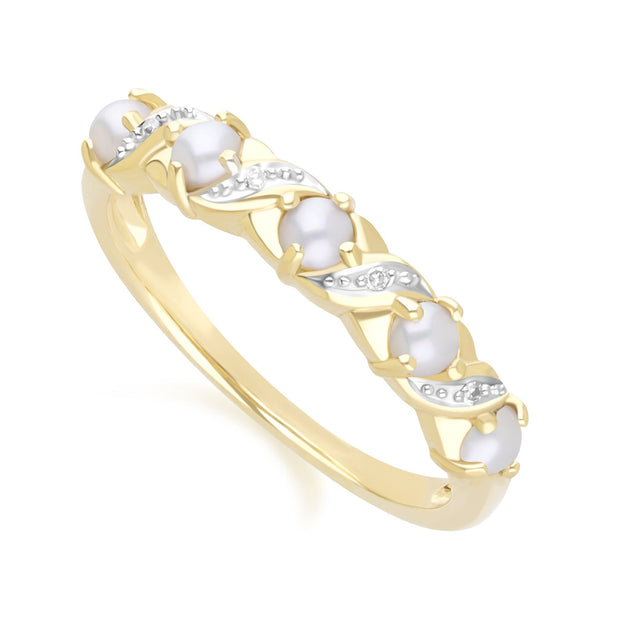 Bague Eternité Classique Style Art Nouveau en Or Jaune 9ct avec Perle et Diamant