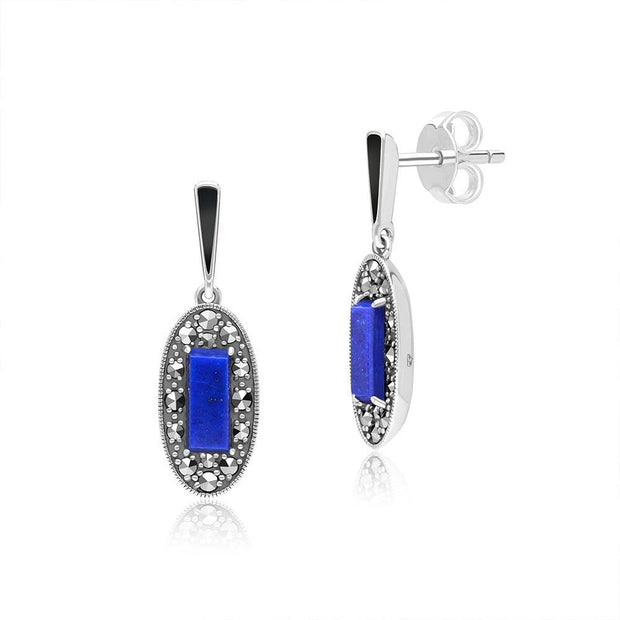 Boucles d'Oreilles Pendantes Style Art Déco Oval en Argent Sterling avec Lapis Lazuli, Marcassite et Email Noir