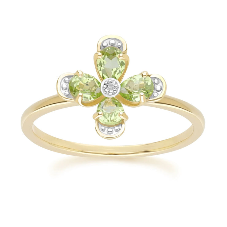 Bague Floral avec Péridot & Diamant en Or Jaune 9ct