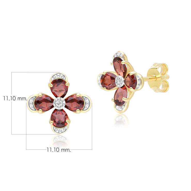 Boucles d'Oreilles Clou Floral avec Grenat & Diamant en Or Jaune 9ct