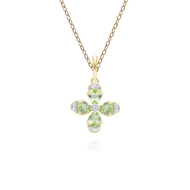 Pendentif Floral avec Péridot & Diamant en Or Jaune 9ct