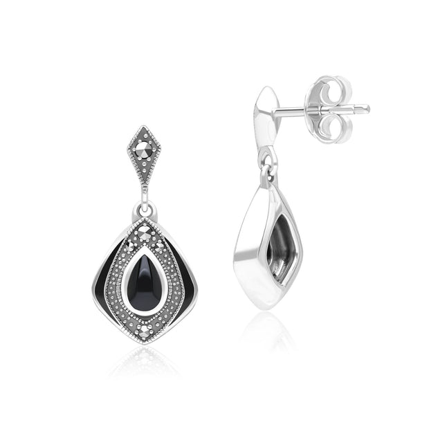 Boucles d'Oreilles Pendantes Style Art Déco Losange en Argent Sterling avec Onyx et Marcassite