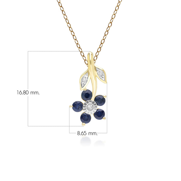 Pendentif Floral avec Saphirs & Diamant en Or Jaune 9ct