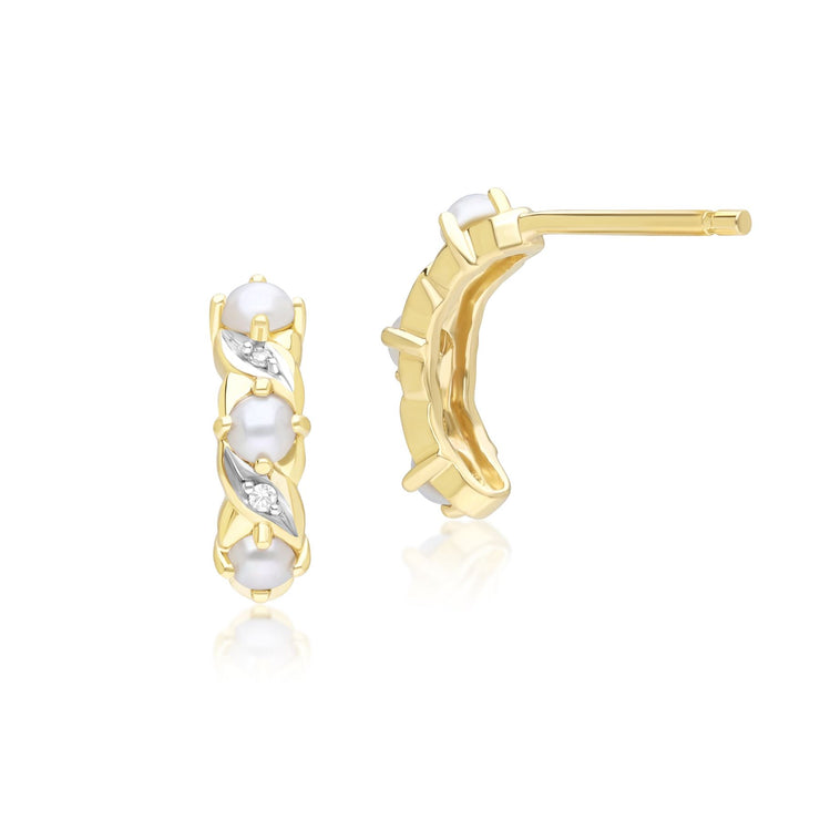 Boucles d'Oreilles Eternité Demi-Créoles Classique Style Art Nouveau en Or Jaune 9ct avec Perle et Diamant