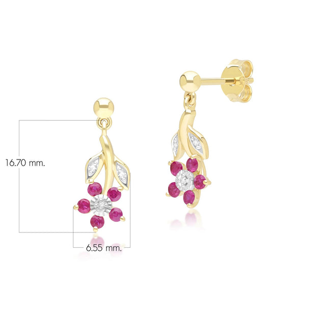 Boucles d'Oreilles Pendantes Floral avec Rubis & Diamant en Or Jaune 9ct