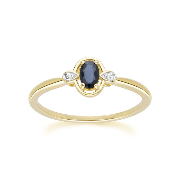 Bague Classique en Or Jaune 9ct avec Saphir Oval et Diamants Ronds