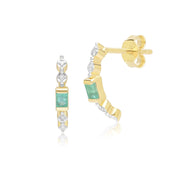 Boucles d'Oreilles Baguette Demi-Eternité Créoles Classiques en Or Jaune 9ct avec Emeraude et Diamants