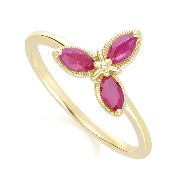 Bague Floral avec Rubis Marquise en Or Jaune 9ct