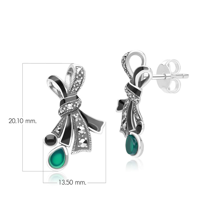 Boucles d'Oreilles Clou Nœud Style Art Nouveau en Argent Sterling avec Marcasite, Calcédoine et Email Noir